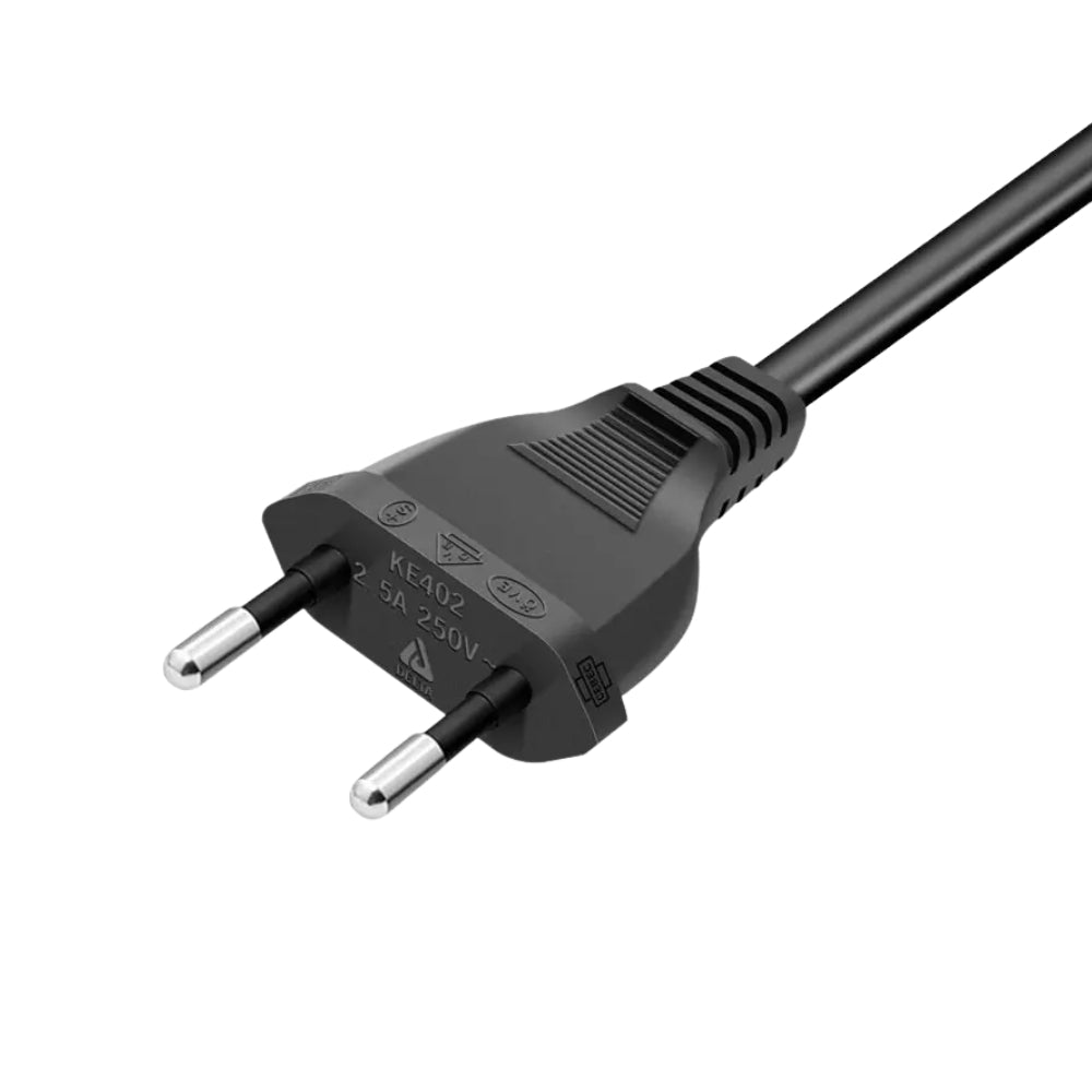 A black electrical Europlug with two silver-tipped pins and a black power cable, displaying product markings KE402 and 2.5A 250V~ against a white background